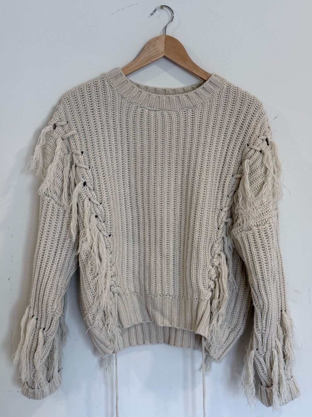 Nasty Gal Cream Fringe Crewneck Sweater